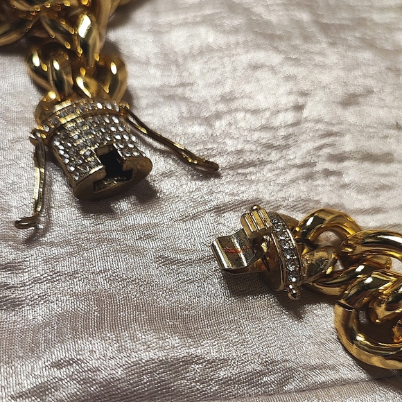 Cuban Chunky Heavy Link Gold Tone Chain Necklace Rhinestone Encrusted Box Clasp - Picture 12 of 15